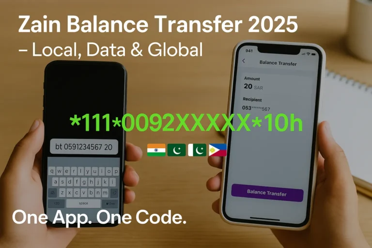 Zain balance transfer using SMS and app for local, international, and data top-up in 2025 Saudi Arabia