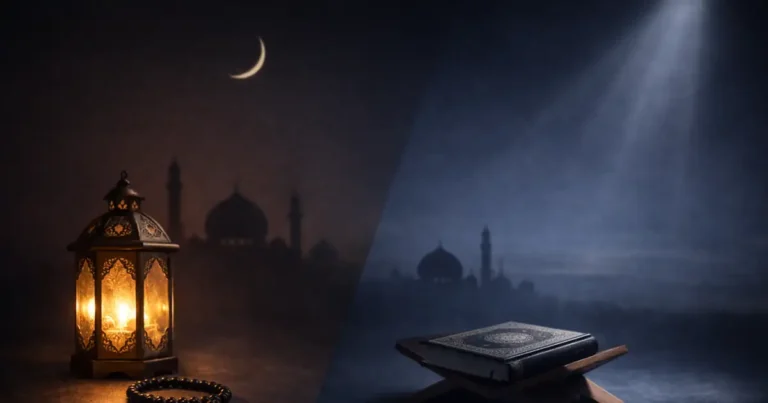 laylat al bara’ah, laylat al qadr, nisf shaban, ramadan, night of forgiveness, dua and istighfar, lantern glow, qur’an stand (rehal), crescent moon, minimal islamic geometry