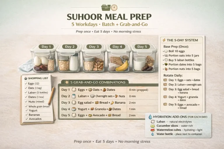 5-day suhoor batch plan with grab-and-go combinations, oats jars, eggs, yogurt, and hydration-friendly prep for workdays