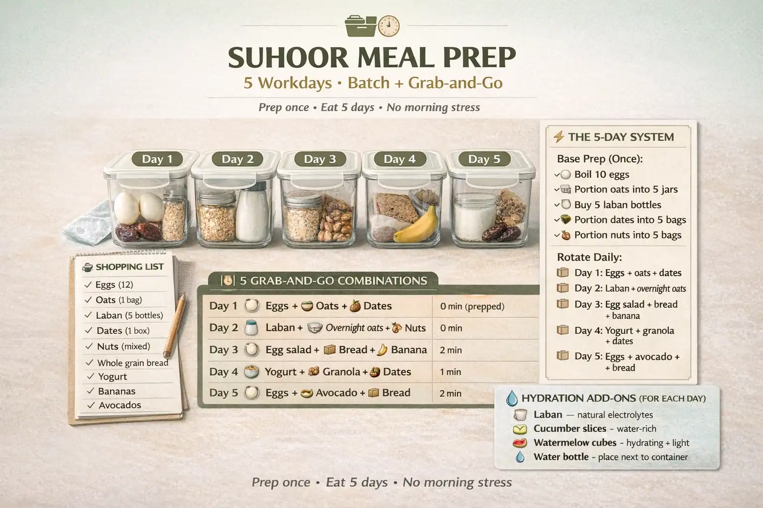 5-day suhoor batch plan with grab-and-go combinations, oats jars, eggs, yogurt, and hydration-friendly prep for workdays