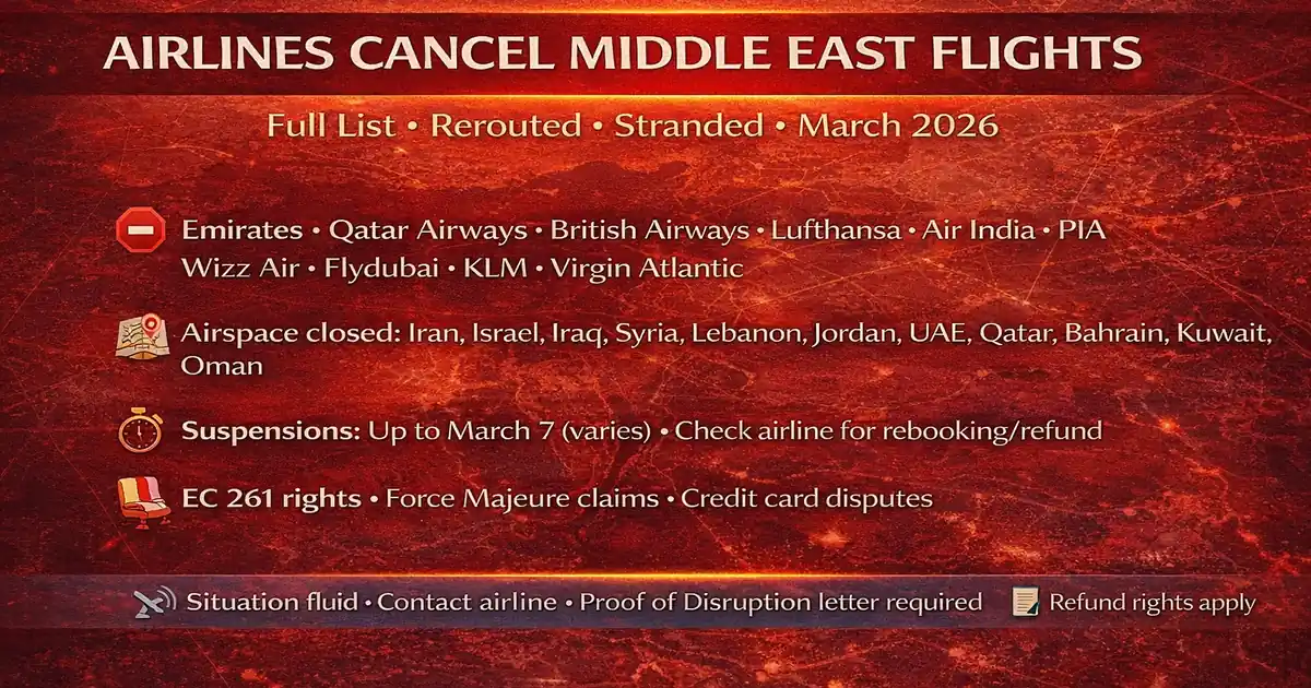 Full list of airlines cancelling, suspending, or rerouting Middle East flights in 2026 with airspace closures, affected hubs like Dubai and Doha, disruption totals, live status checks, and passenger refund or rerouting rights guidance
