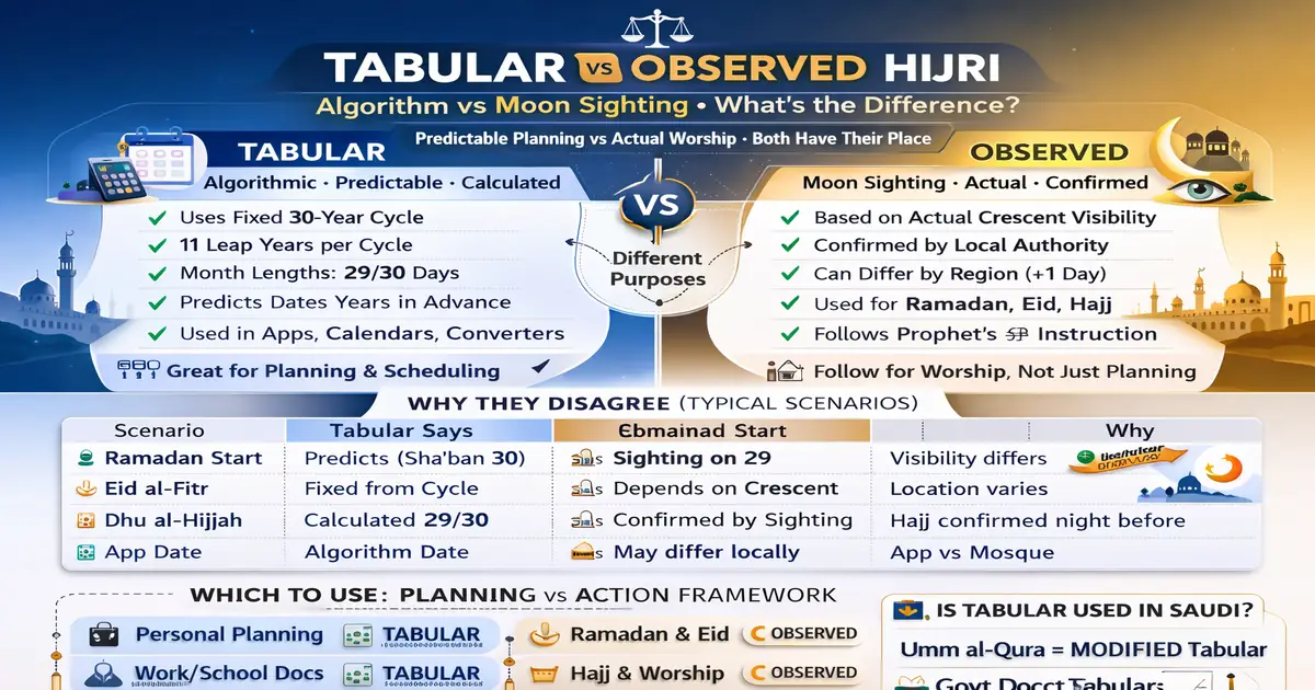 Algorithmic Hijri calendar vs observed moon sighting: fixed month pattern and leap years for planning, then confirm announcements for action