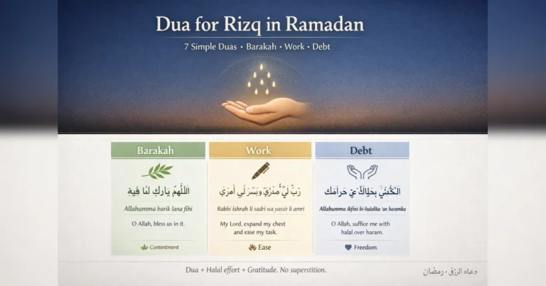 Dua for rizq in Ramadan: simple duas for barakah, work, and debt 1 Simple provision and barakah supplications with Arabic text and meanings, plus a daily routine after fajr and before iftar focused on work effort, gratitude, and charity