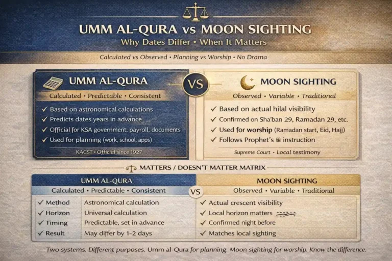 Calculated Hijri calendar vs hilal moon sighting in KSA: why Ramadan, Eid, and Hajj dates can differ and when the difference matters for planning