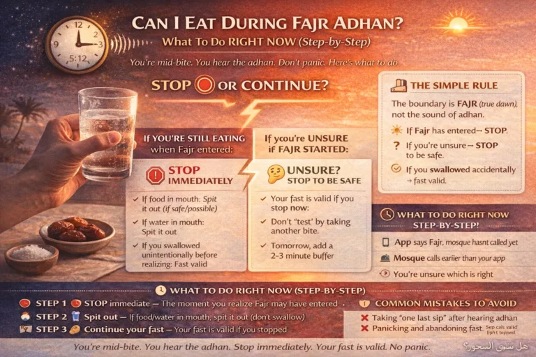 Can I Eat During Fajr Adhan? What To Do (Step-by-Step) 1 What to do if Fajr adhan starts while eating: stop, follow the Fajr boundary, and handle app vs mosque timing safely