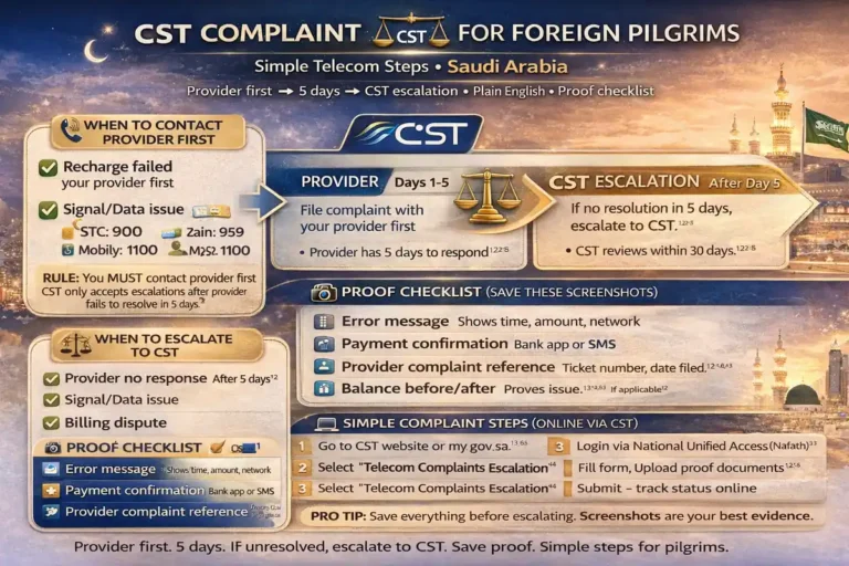 cst complaint guide for foreign pilgrims saudi telecom: simple steps that actually help 3 CST telecom complaint Saudi guide for foreign pilgrims, with pilgrim SIM complaint steps for recharge dispute, signal issue, provider escalation, screenshots, and telecom tracking support