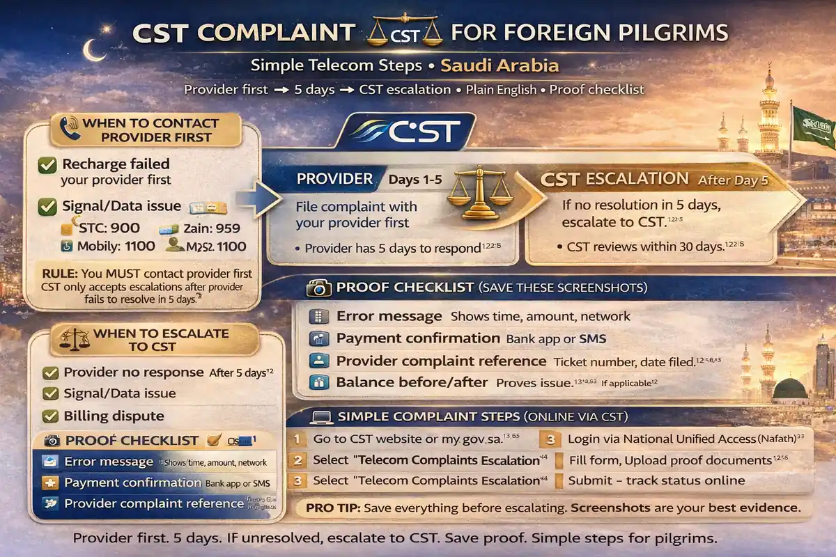 CST telecom complaint Saudi guide for foreign pilgrims, with pilgrim SIM complaint steps for recharge dispute, signal issue, provider escalation, screenshots, and telecom tracking support