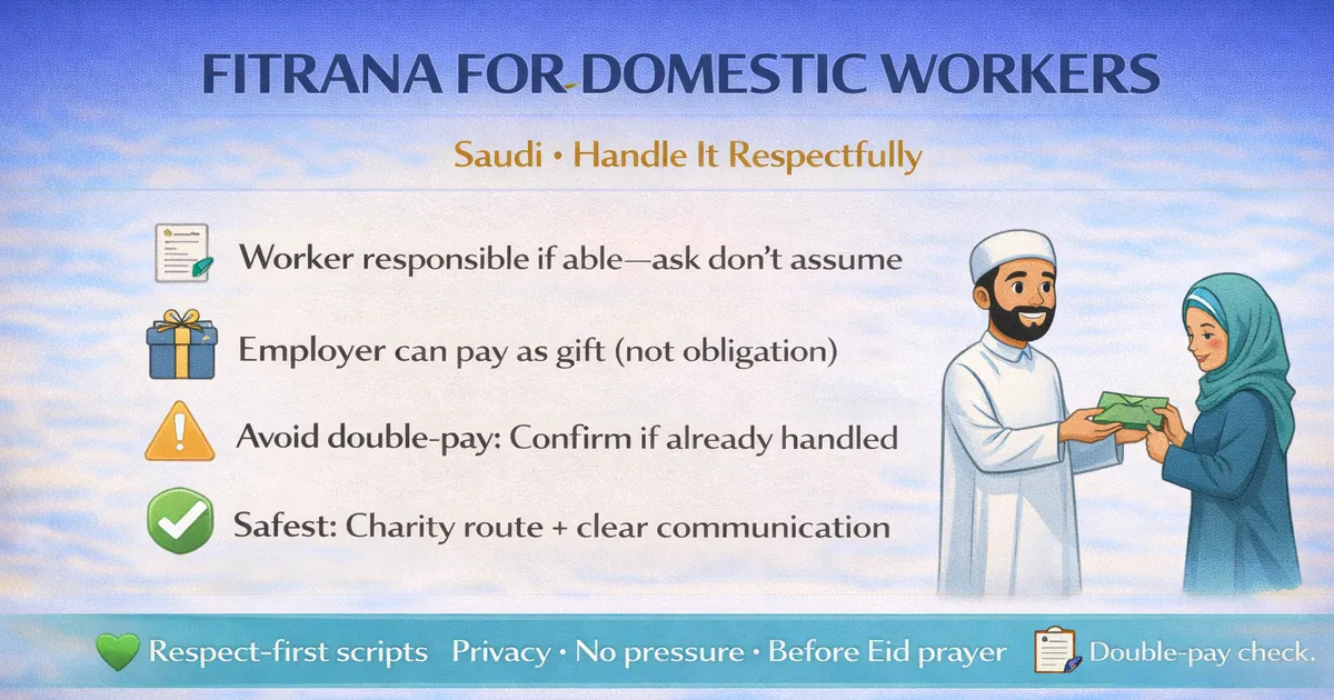 Domestic worker Zakat al Fitr questions in Saudi with employer vs worker responsibility scenarios, consent and privacy guidance, respectful communication script, avoid double paying checklist, and charity route option before Eid prayer