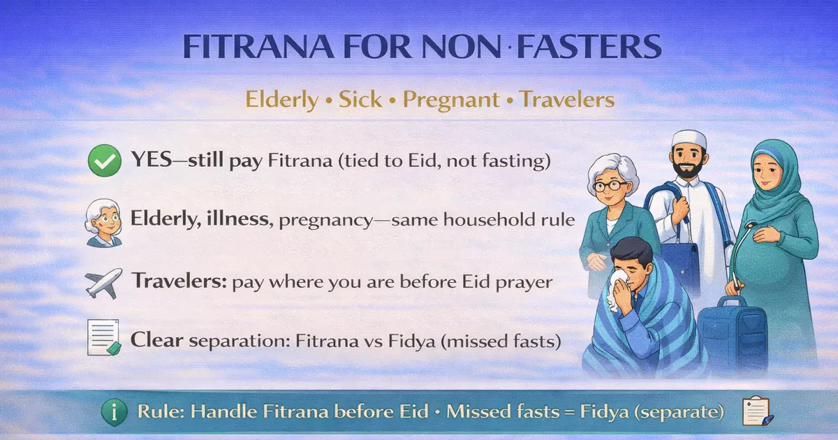 Zakat al Fitr rules for elderly, sick, pregnant, breastfeeding, and travelers with Eid prayer deadline guidance, household on behalf payment notes, clear separation from fidya and kaffarah topics, missed fasts handled separately, and distribution timing reminders