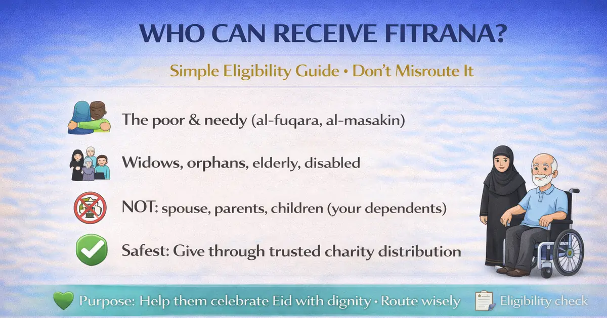 Eligible recipients for Zakat al Fitr with simple poor and needy criteria, relatives eligibility when genuinely in need, direct giving vs charity distribution, verification tips, and misrouting prevention checklist before Eid prayer