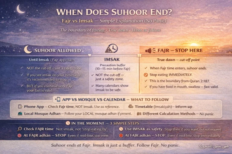 Fajr vs imsak boundary: why mosque adhan, app, and timetable can differ and how to stop eating before true dawn