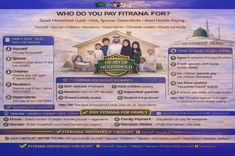 Fitrana for children, wife, newborn, and dependents in Saudi Arabia with head of household responsibility guide, household member counting for online payment, sponsor and domestic worker cases, shared custody situations, and steps to avoid double paying before Eid prayer