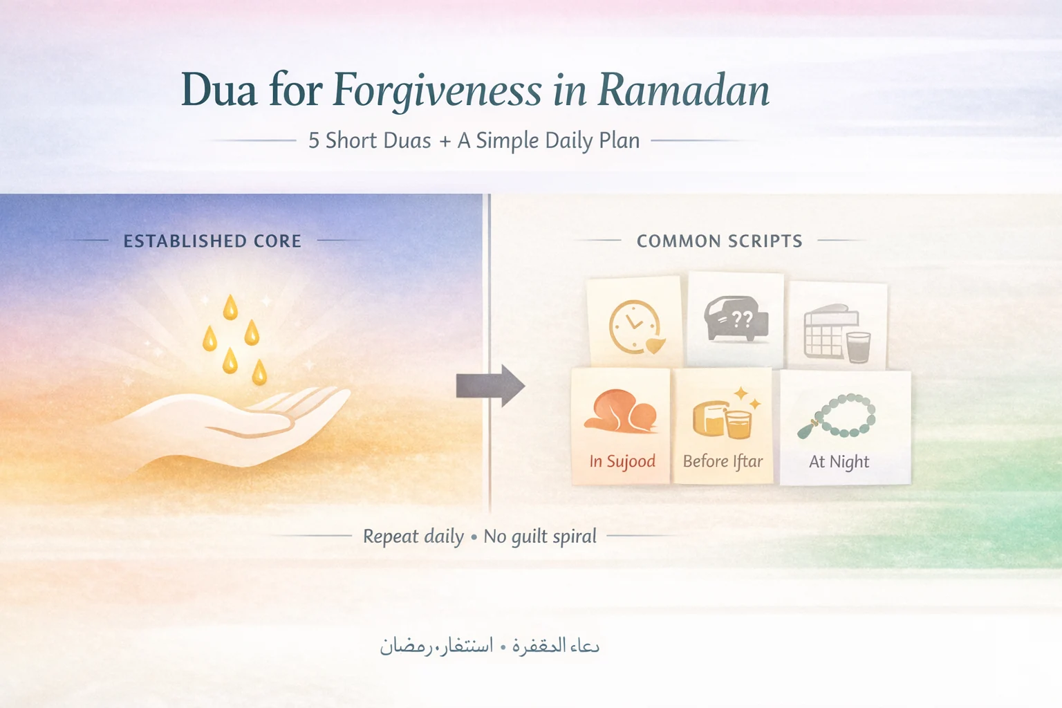 Five short istighfar supplications with Arabic text, transliteration, and meanings, plus a simple daily routine after prayer, in sujood, and at night