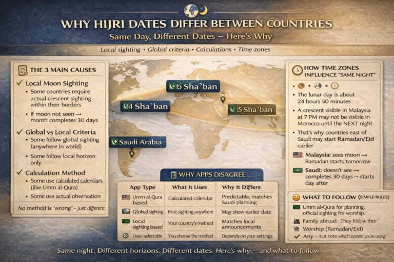Why Hijri dates differ between countries: local vs global moon sighting, calculation methods, time zone effects, and app date mismatches