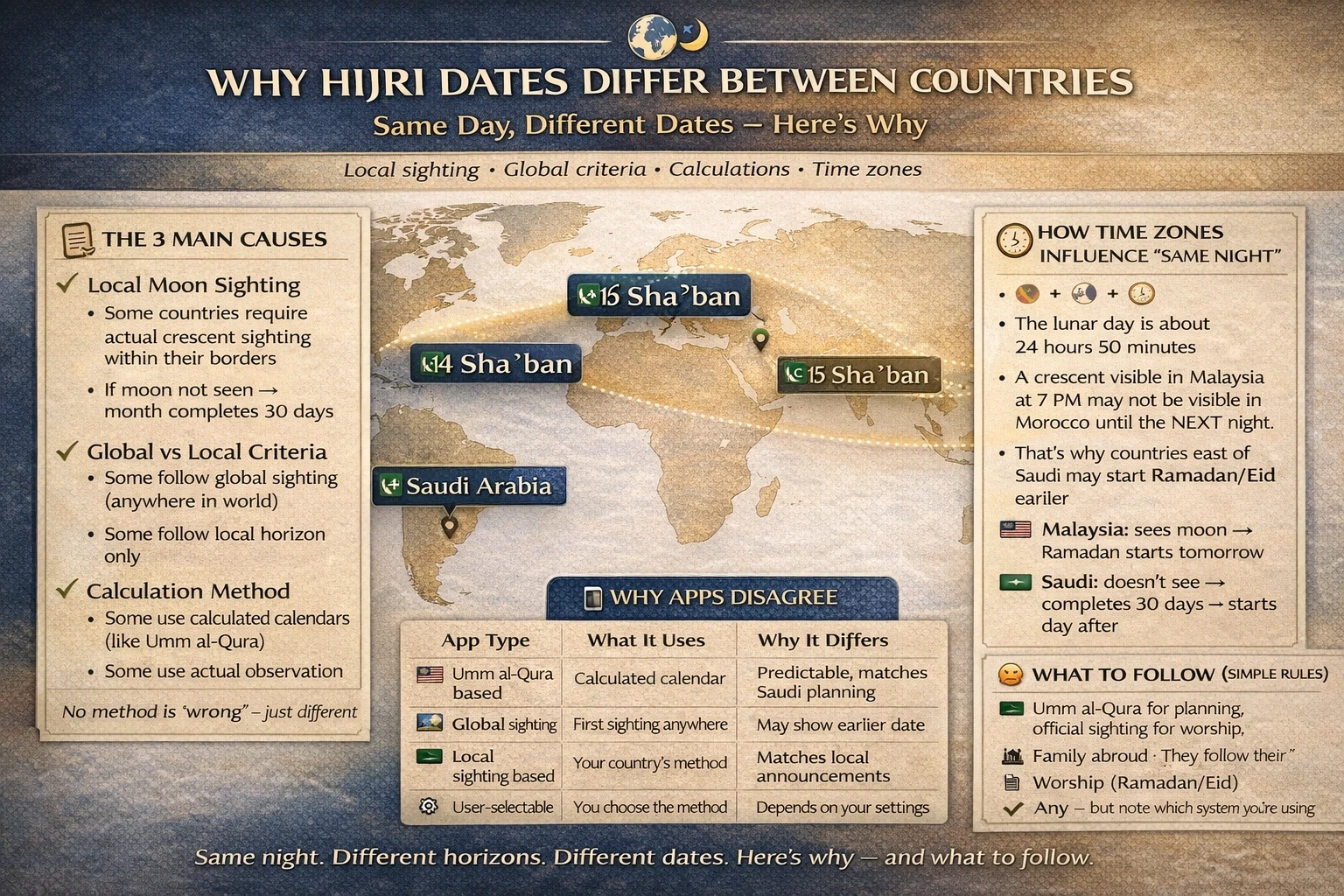 Why Hijri dates differ between countries: local vs global moon sighting, calculation methods, time zone effects, and app date mismatches