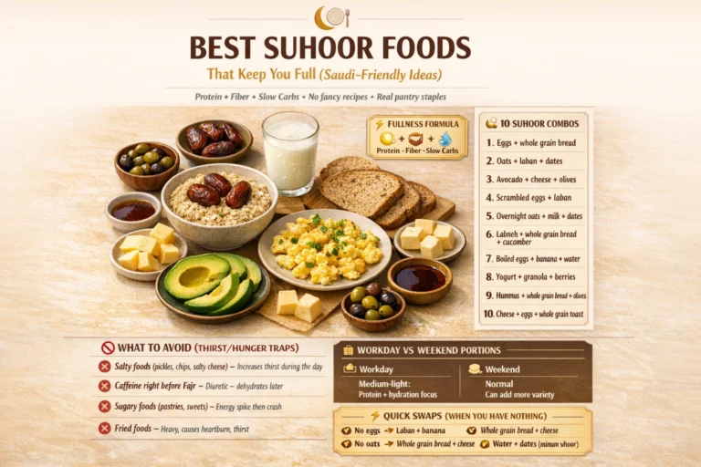 Suhoor Foods that Keep You Full (Saudi-Friendly Ideas) 18 High-protein and fiber suhoor ideas with oats, eggs, and laban for long fasting hours and steady fullness