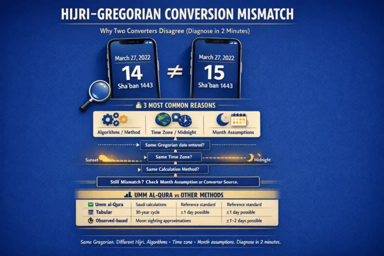 Hijri Gregorian conversion mismatch caused by time zone boundaries, Umm al-Qura vs tabular methods, and different converter settings