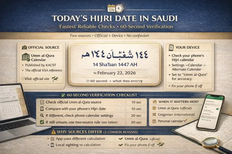 KSA Hijri date check with Umm al-Qura source, device calendar settings, and a two-source confirmation method when dates differ