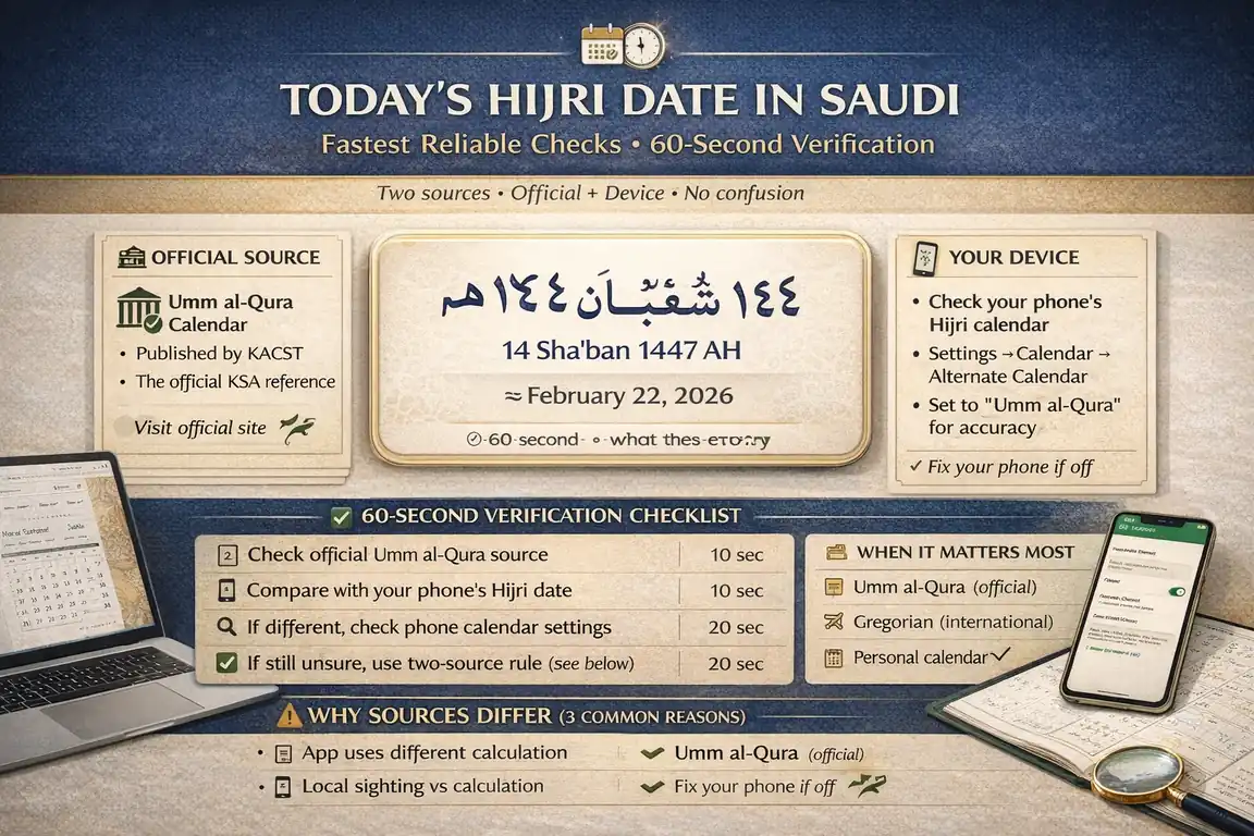KSA Hijri date check with Umm al-Qura source, device calendar settings, and a two-source confirmation method when dates differ