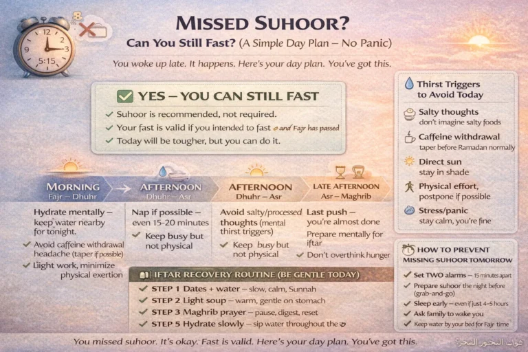 Late wake-up in Ramadan: workday energy plan, thirst triggers to avoid, and a gentle iftar recovery routine