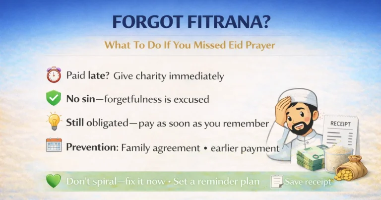 Late Zakat al Fitr after Eid prayer in Saudi Arabia with missed deadline fix steps, immediate charity action plan, intention and timing purpose explained, proof and receipt tips for online payment, family household handling, and reminder system to prevent forgetting next year