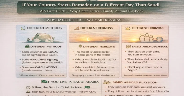 Local sighting global sighting and calculation methods explain why Ramadan dates differ between countries while living in Saudi Arabia