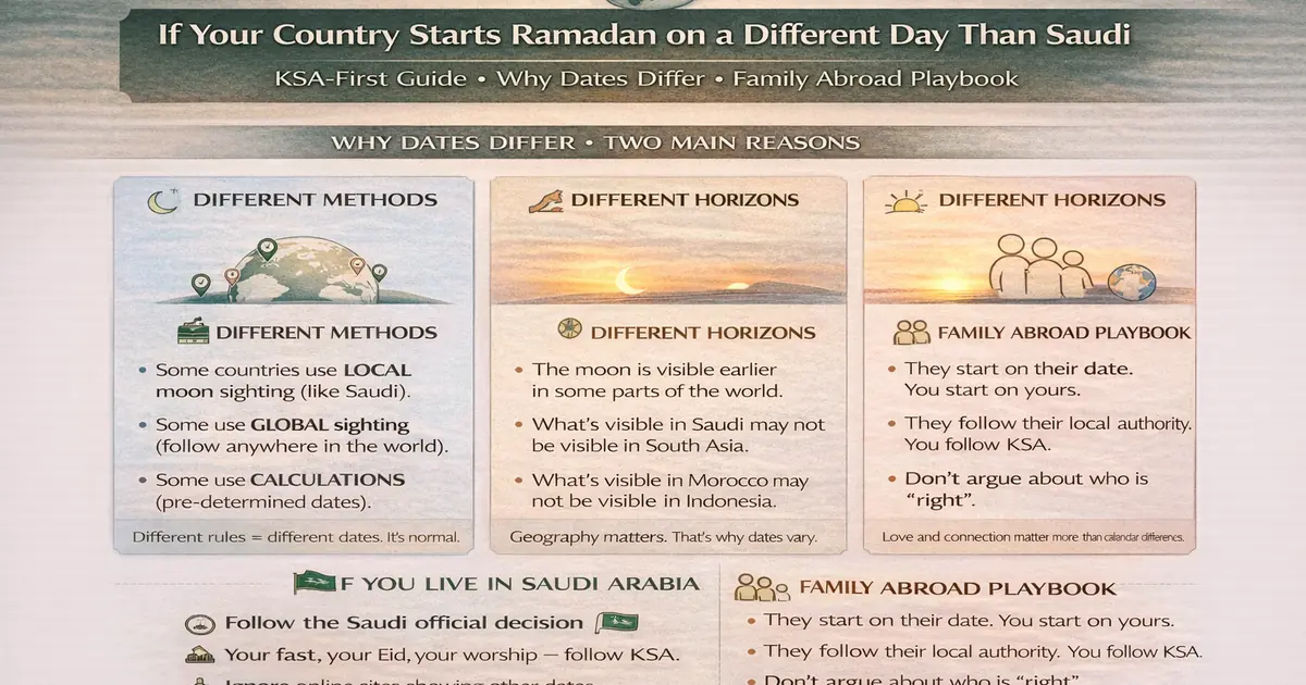 Local sighting global sighting and calculation methods explain why Ramadan dates differ between countries while living in Saudi Arabia