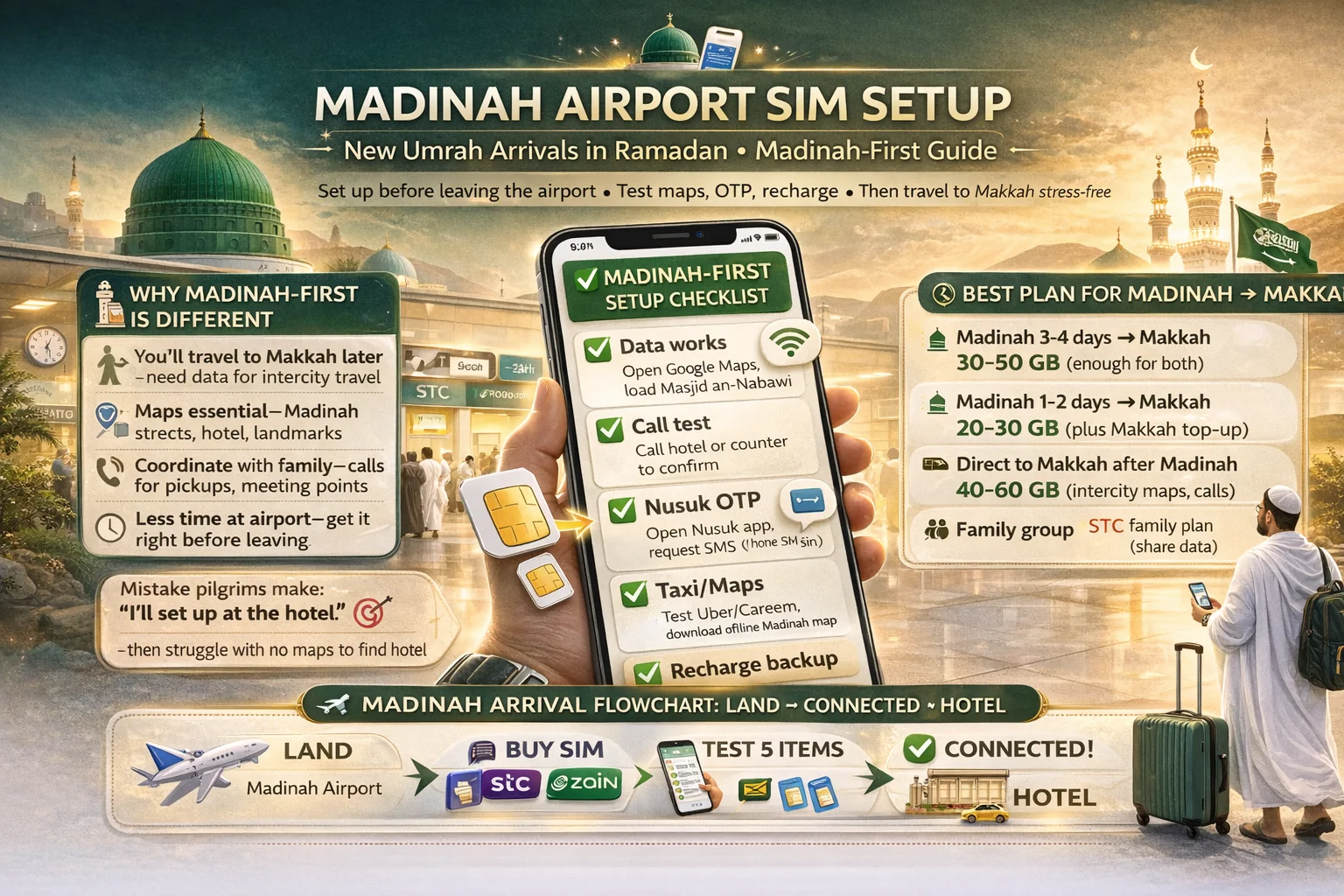 Madinah airport visitor SIM setup for Umrah arrivals in Ramadan, Saudi telecom activation with passport, eSIM QR, Nusuk OTP, maps, hotel transfer, and recharge backup