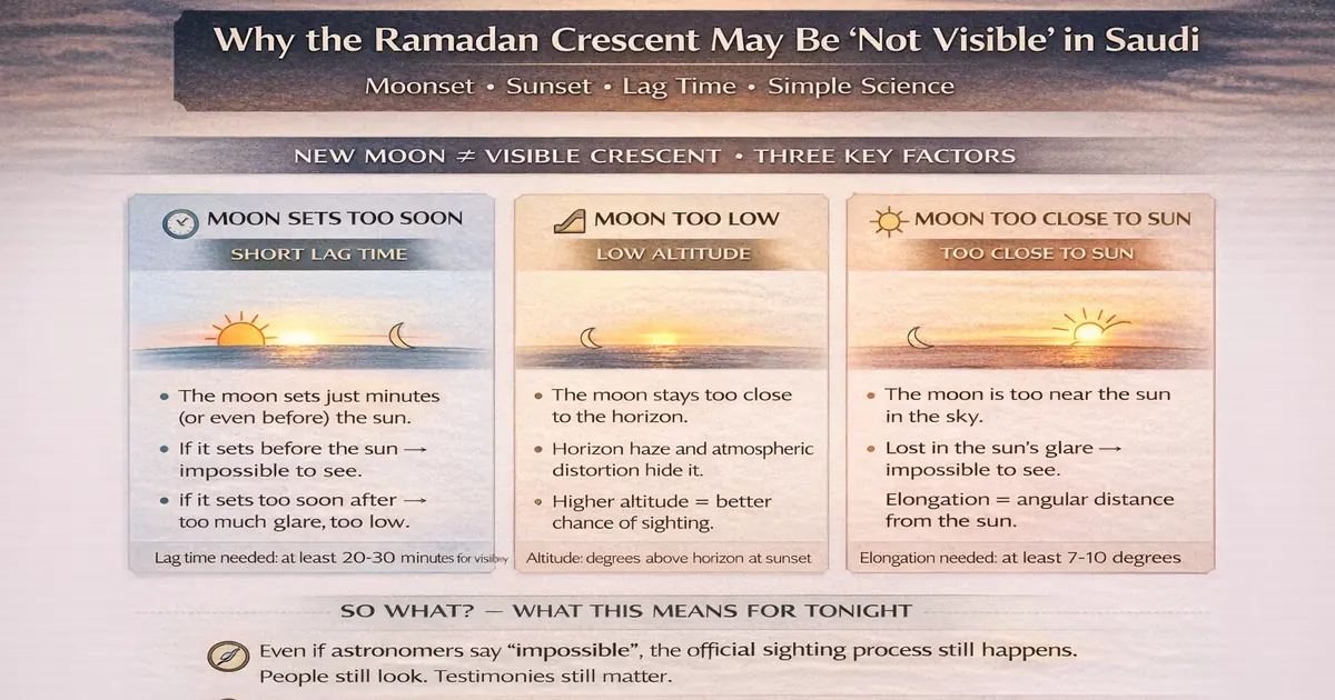Crescent Not Visible Prediction: Why the Ramadan Crescent May Be “Not Visible” in Saudi (Moonset, Sunset, Lag Time) 1 Moonset lag time and horizon haze reasons the thin crescent may not be visible in Saudi Arabia