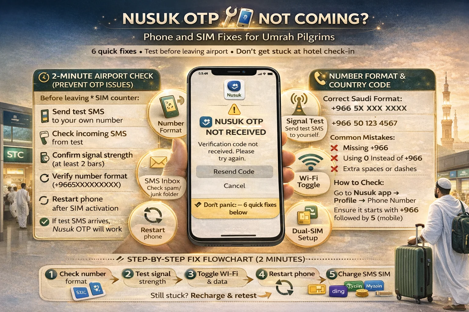 Nusuk OTP not received fix for Umrah pilgrims in Saudi Arabia, Saudi SIM OTP problem checks with SMS testing, country code, signal, eSIM or physical SIM, and app login troubleshooting