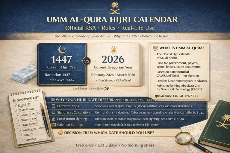 Official Hijri date in Saudi Arabia: Umm al-Qura calendar, moon sighting differences, and which date to use for documents and daily life