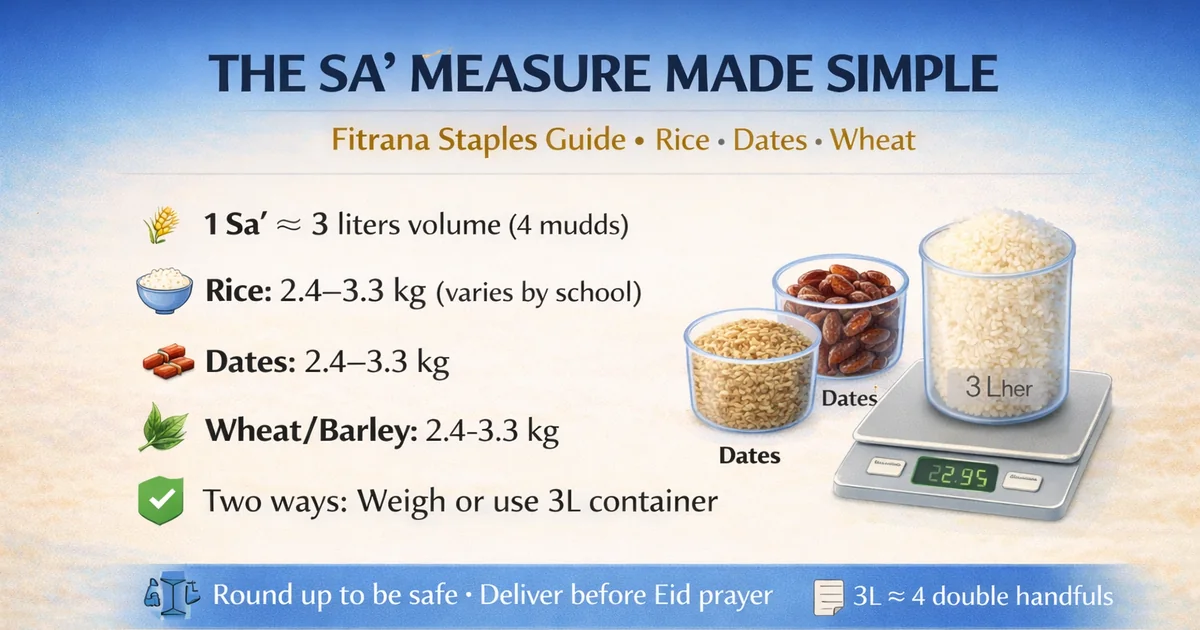 One sa’ in kg guide for Fitrana food quantity using rice, dates, and wheat with home measuring methods, container vs scale tips, clean packing checklist, staple equivalence notes, and delivery timing before Eid prayer