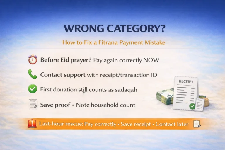 Paid Sadaqah instead of Zakat al Fitr category mistake fix with receipt proof, transaction ID, customer support steps, refund or re-donate options, and Eid prayer deadline checklist
