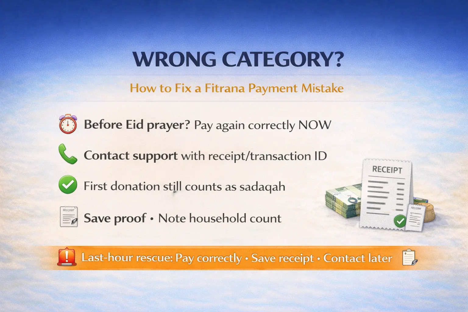 Paid Sadaqah instead of Zakat al Fitr category mistake fix with receipt proof, transaction ID, customer support steps, refund or re-donate options, and Eid prayer deadline checklist