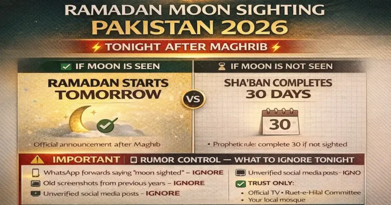Moon Sighting Ramadan 2026 pakistan: Ramadan Moon Sighting 2026 in Pakistan — Official Confirmation + What To Follow Tonight 5 Pakistan official moon sighting update decision tree with seen vs not seen and rumor control
