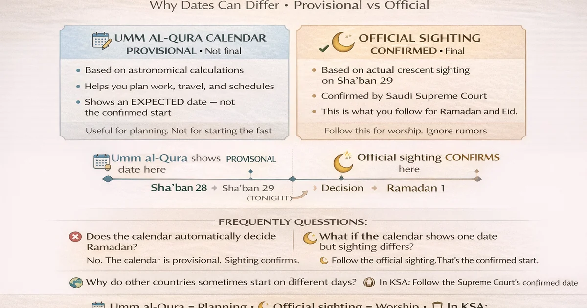sha’ban 29 1447 ah ramadan sighting: Ramadan Moon Sighting Tonight Checklist + Decision Tree 1 Provisional calendar date compared with official confirmation for month start in Saudi Arabia