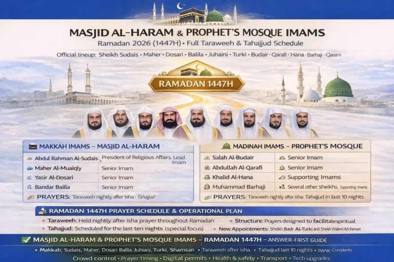 Ramadan 1447 Taraweeh and Tahajjud imam schedule at Masjid Al Haram in Makkah and the Prophet’s Mosque in Madinah with listed sheikhs, nightly prayer leadership, and last ten nights arrangements
