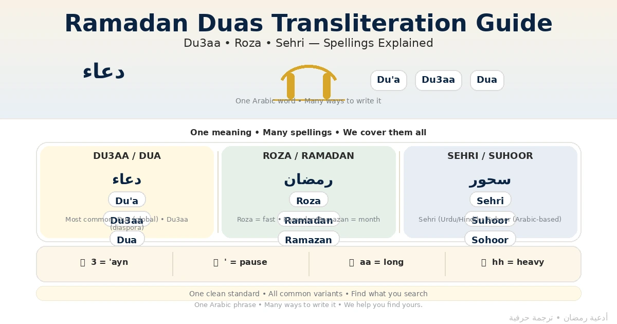 Visual guide explaining common Roman spellings like du3aa, roza, and sehri, showing a clean standard style and pronunciation-friendly variants for global readers