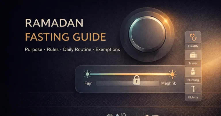 Taqwa and self-discipline dial with fajr-to-maghrib fasting hours, suhoor and iftar cues, and exemption icons