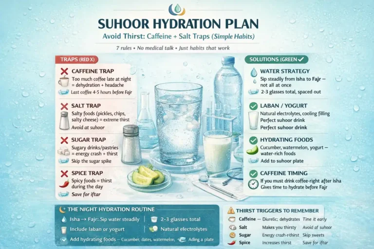 Ramadan hydration routine: caffeine and salty food thirst traps, water strategy, and suhoor drink ideas for Saudi heat