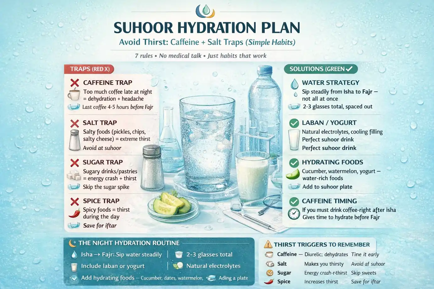 Ramadan hydration routine: caffeine and salty food thirst traps, water strategy, and suhoor drink ideas for Saudi heat