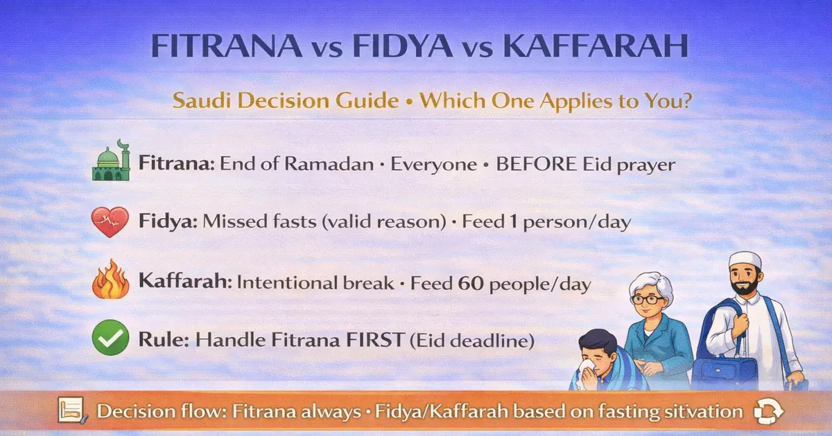 Decision guide for Ramadan payment categories comparing Eid time charity, missed fast compensation, and intentional break penalty with quick decision tree, illness travel pregnancy elderly scenarios, Eid prayer deadline priority, online category selection tips, and mistake correction steps