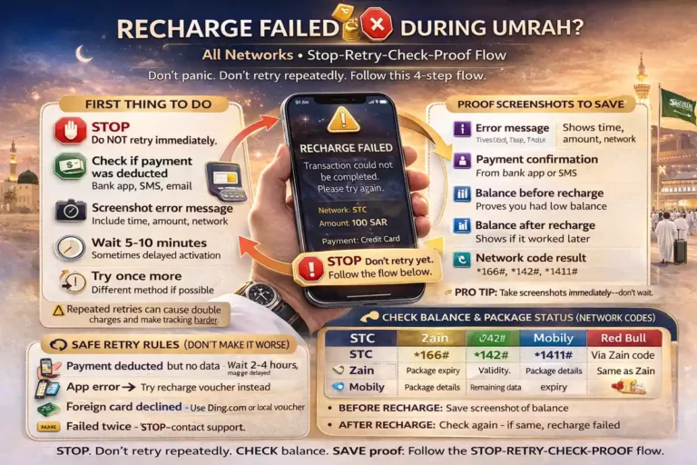 Recharge fails during umrah saudi all networks: what to do (stc, zain, mobily, red bull) 5 Recharge failed Saudi SIM fix for Umrah pilgrims across STC Zain Mobily and Red Bull Mobile, with top-up problem checks, payment proof screenshots, voucher backup, and Saudi telecom support steps