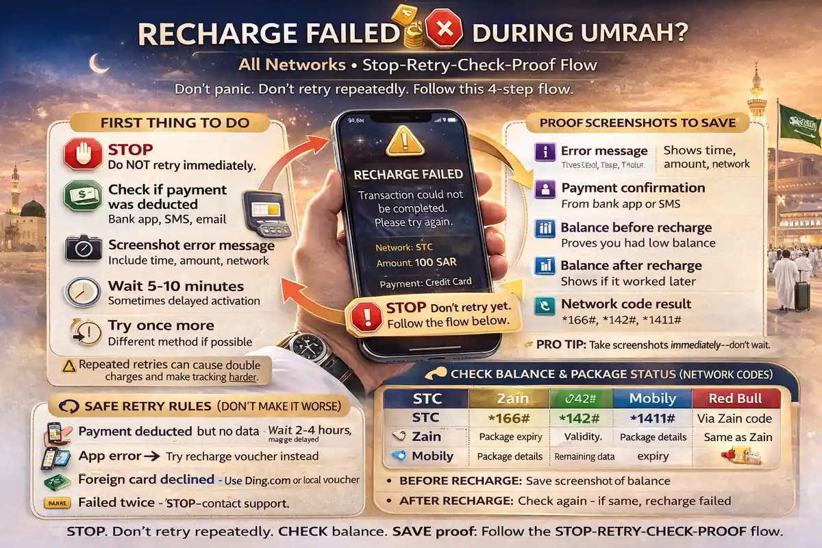 Recharge failed Saudi SIM fix for Umrah pilgrims across STC Zain Mobily and Red Bull Mobile, with top-up problem checks, payment proof screenshots, voucher backup, and Saudi telecom support steps