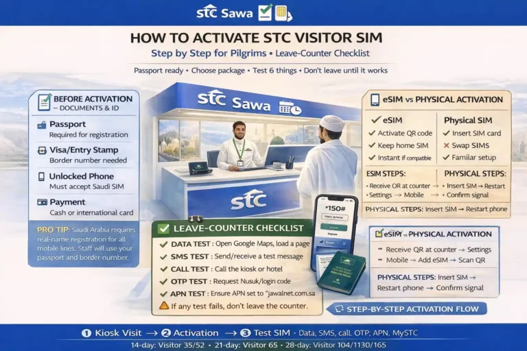 Sawa Visitor SIM activation in Saudi Arabia for pilgrims with airport kiosk setup, passport verification, eSIM or physical SIM steps, SMS and data test checklist, mystc app setup, and OTP troubleshooting