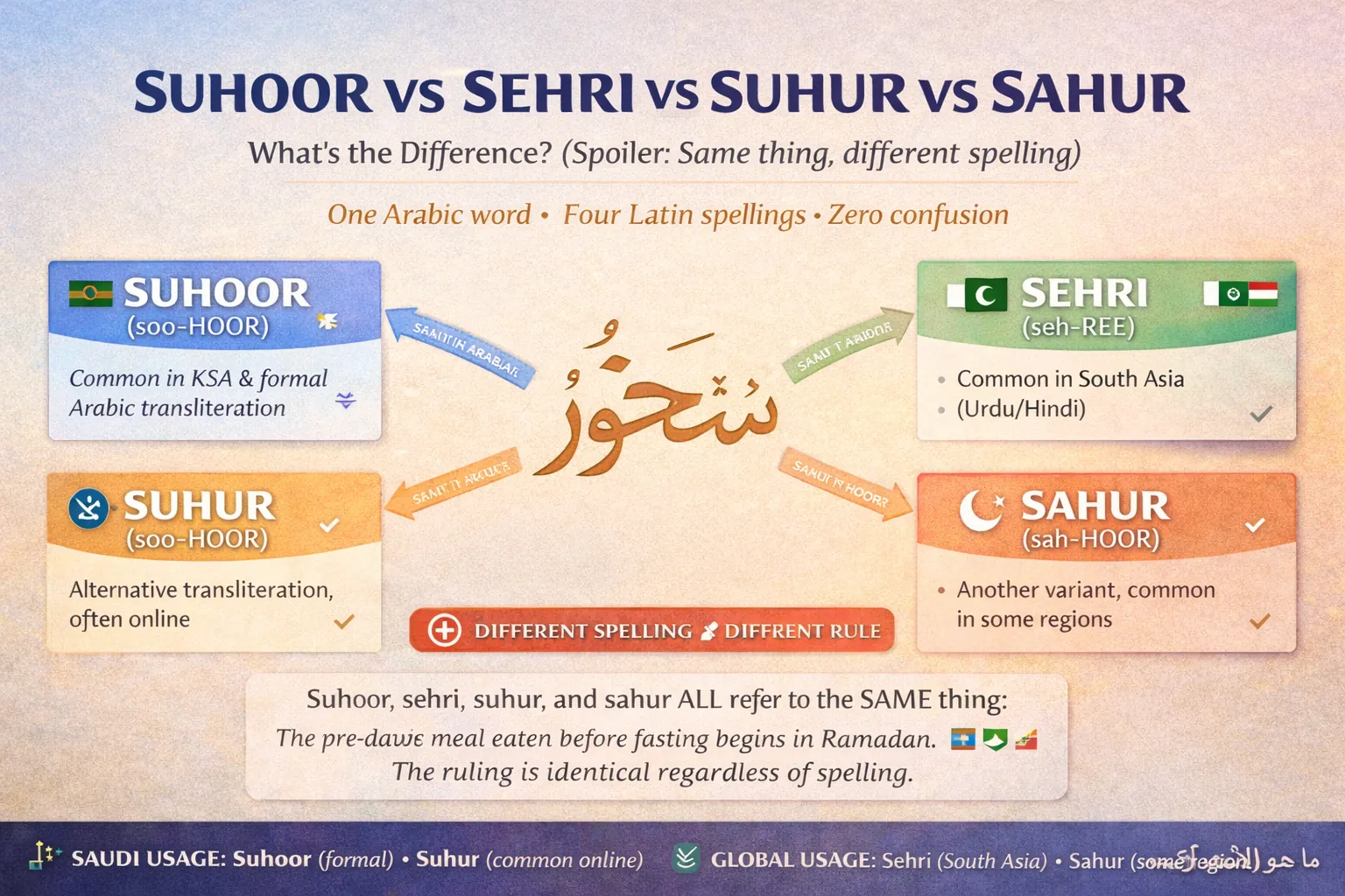 Suhoor Vs Sehri vs Suhur vs Sahur: What’s the Difference? 1 Sehri, suhur, sahur spellings: transliteration differences, Saudi vs global usage, same pre-dawn meal meaning