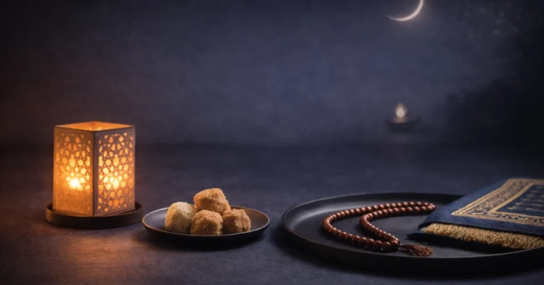 laylat al bara’ah, nisf shaban, night of forgiveness, dua and istighfar, tasbih, prayer rug, food sharing, crescent moon, minimal islamic geometry