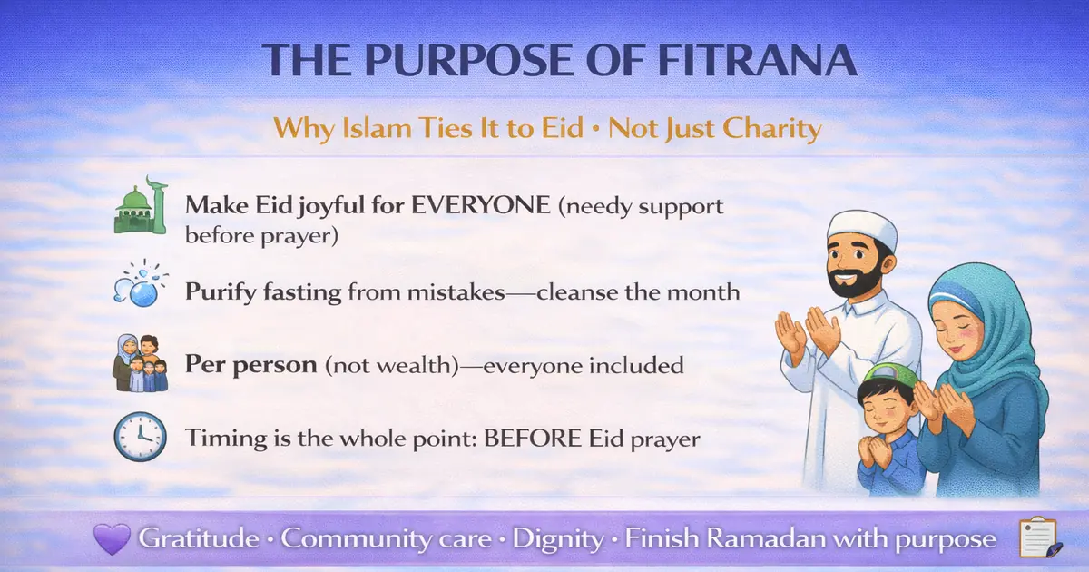Purpose of Fitrana 1 Spiritual meaning of Zakat al Fitr with Eid purpose explained for beginners, Ramadan completion and purification theme, dignity support for needy families, why it is per person, and why distribution timing before Eid prayer matters