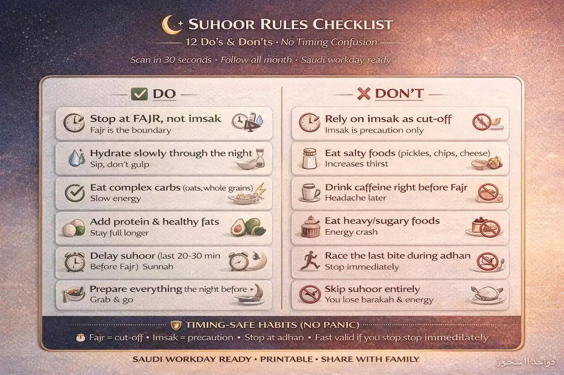 Suhoor checklist for Ramadan: Fajr vs imsak timing, hydration routine, and common mistakes to avoid before dawn