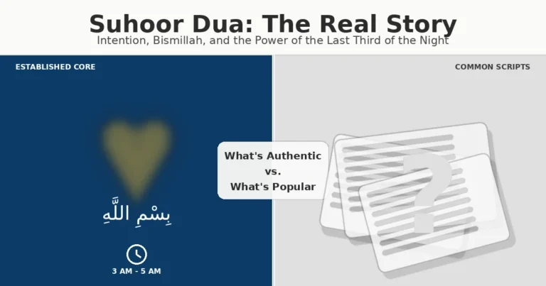 Suhoor Dua Authentic: Is There An Authentic One (or just bismillah)? 16 Myth-busting guide to pre-dawn practice: bismillah before eating, niyyah in the heart, and personal dua in the last third of the night